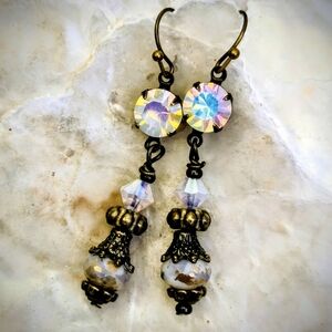 Victorian Rustic White & Gold W/ White Opal AB Crystal In Brass Earrings